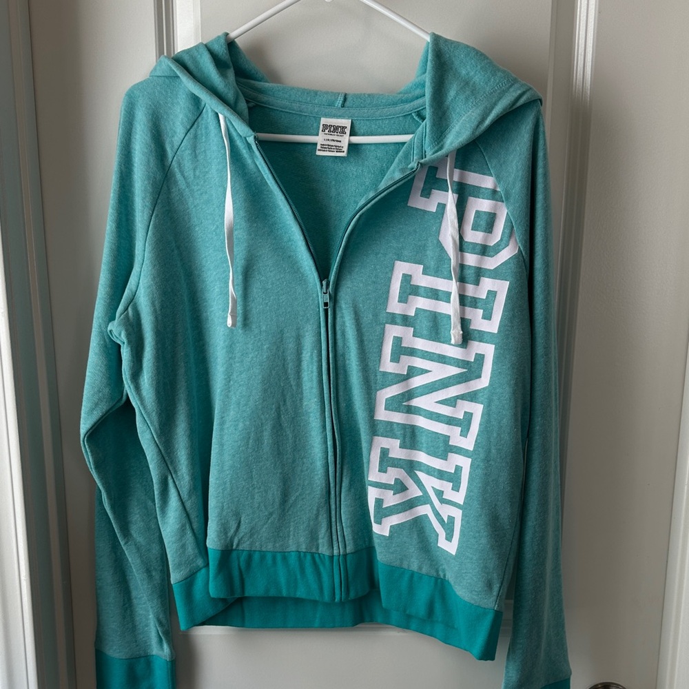 PINK Teal Zip-Up Hoodie with White Lettering and matching sweatpants